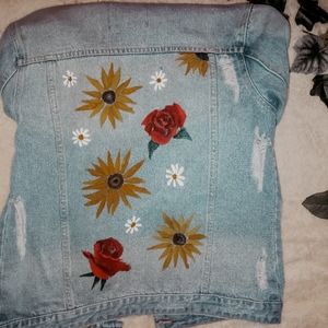 Denim jacket handmade flower painting on back